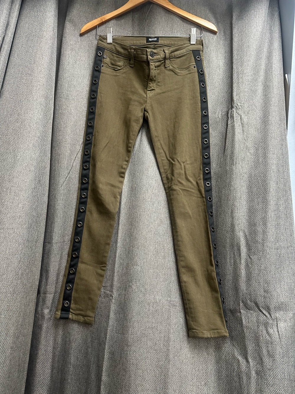 Olive Green Snap-Trim Skinny Jeans